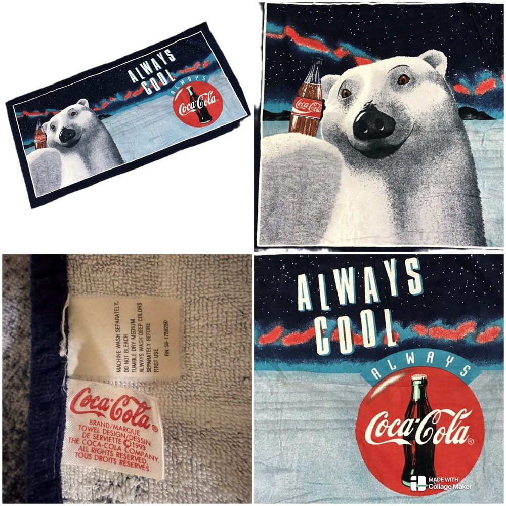 Vtg 90s Coca-Cola beach towel polar bear "ALWAYS COOL" backdrop Aurora Borealis.